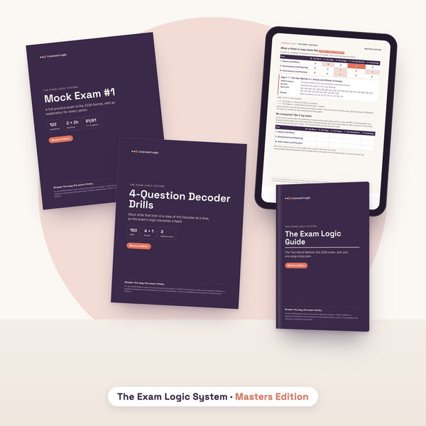 The Exam Logic System, Masters Edition: Mock Exam #1, Decoder Drills, The Exam Logic Guide and the Point-Loss Map with their real covers