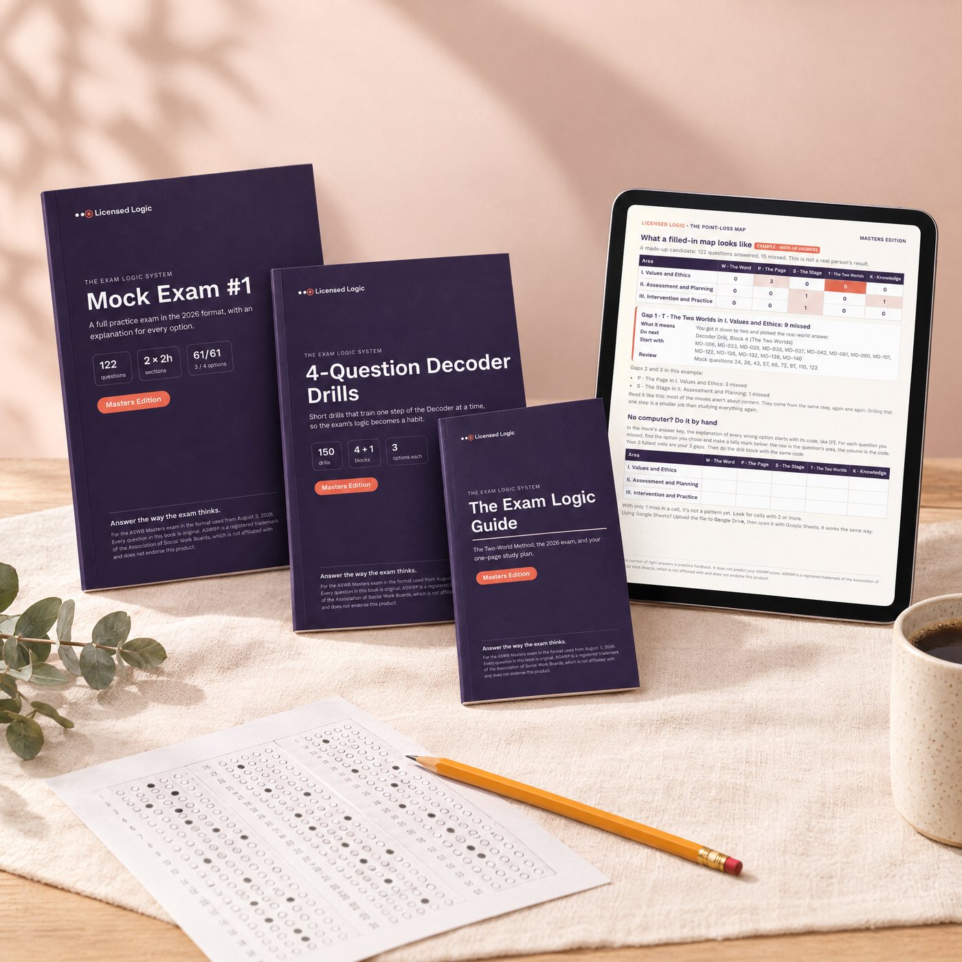 Masters Edition: Mock Exam #1, Decoder Drills and The Exam Logic Guide, shown as printed copies for illustration, with the Point-Loss Map guide on a tablet