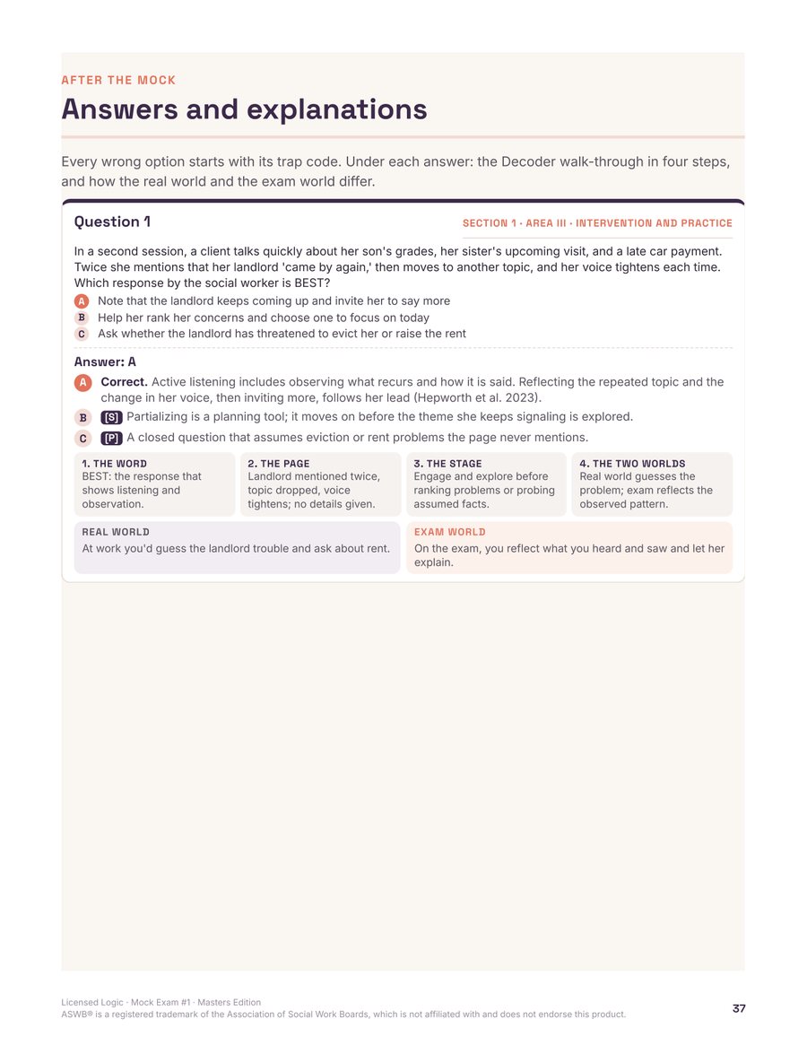 Explanations page with codes and Real world / Exam world